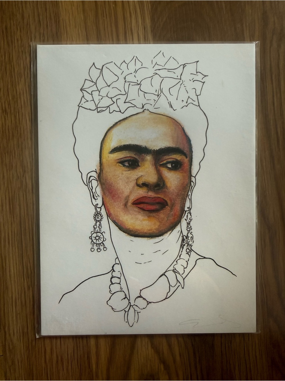 6” x 8” Frida Kahlo Black and White Portrait Art Print with color detail signed